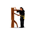 Vector Wing Chun kung fu Man at a wooden dummy. Cartoon Illustration. Royalty Free Stock Photo