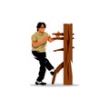 Vector Wing Chun kung fu Man at a wooden dummy. Cartoon Illustration. Royalty Free Stock Photo