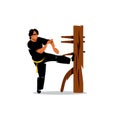 Vector Wing Chun kung fu Man at a wooden dummy. Cartoon Illustration. Royalty Free Stock Photo