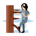 Vector Wing Chun kung fu Woman at a wooden dummy. Flat style colorful Cartoon illustration. Royalty Free Stock Photo