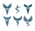 Vector winged Caduceus illustrations collection. Pharmacology an