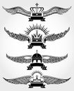 Vector winged crowns and ribbons royal logo templates set Royalty Free Stock Photo