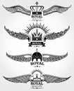 Vector winged crowns royal logo templates set in black and white Royalty Free Stock Photo