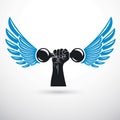 Vector winged illustration of athletic sportsman arm holding dumbbell.