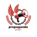 Vector winged logo composed with loudspeaker equipment surrounded by iron chain. Propaganda as the means of influence on public o