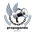 Vector winged logo composed with loudspeaker equipment surrounded by iron chain. Propaganda as the means of influence on public