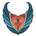 Vector wings heart. Doodle color element.