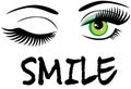 Vector winking green eyes with smile text.