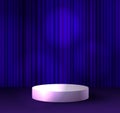 Vector winner white podium with a blue curtains on the background, stage illumination, background template, blank mock up.