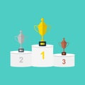 Vector winners white round podium with gold, silver and bronze trophy cups or prizes. Royalty Free Stock Photo