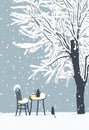 Winter landscape with street cafe and cat Royalty Free Stock Photo