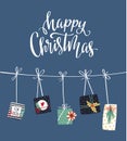 Vector winter card with Christmas elements and lettering - `Happy Christmas`. Holiday background illustration.