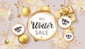 Vector Winter christmas sale banner. After Christmas sale. Holiday offer. Light golden background with Christmas Royalty Free Stock Photo