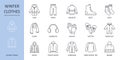 Vector winter clothes icons. Line icon set editable stroke. Warm jacket hat scarf gloves. Shoes pants socks long-sleeved sweater Royalty Free Stock Photo