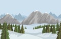 Vector winter flat landscape with snowy mountains, hills and trees in the forest Royalty Free Stock Photo