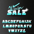 Vector winter font, alphabet. Winter sale, special offer with glint of star on transparent background. Royalty Free Stock Photo