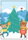 Vector winter forest background with cute animals, fir tree, snow. Funny woodland Christmas card or boor cover with bear, monkey,