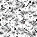 Vector winter forest birds pine snow seamless pattern print background. Royalty Free Stock Photo