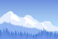 Vector winter forested landscape with mountains in blue color.