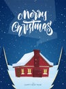 Vector winter greeting card with hand lettering of Merry Christmas and cartoon house with smoke from chimney Royalty Free Stock Photo