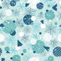 Vector Winter Holiday Blue, White Abstract Ornaments And Stars Seamless Repeat Pattern Background. Great For Holiday
