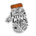 Vector Winter holidays illustration. Christmas silhouette of mitten with greeting lettering.