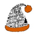 Vector Winter holidays illustration. Christmas silhouette Santa Hat with greeting lettering.