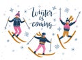 Vector winter illustration of skiers. Sports children isolated on the white background and lettering - `winter is coming`.