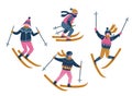 Vector winter illustration of skiers. Sports children isolated on the white background. Trendy scandinavian design.