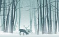 Vector winter landscape with blue silhouettes of trees in the forest and deer with falling snow Royalty Free Stock Photo