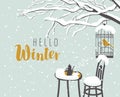Winter street cafe under tree with bird in cage Royalty Free Stock Photo