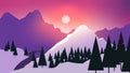 Vector Winter mountain Landscape with beautiful sunrise around the mountain. Snow and Fir Flat design. low poly design with sharp Royalty Free Stock Photo