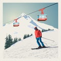 Vector winter poster, background. Advanced skier slides down the mountain. Red ski Lift Gondolas moving in Snow