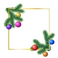 Vector winter rectangle frame with coniferous tree branches decorated with colorful christmas ornaments on white background