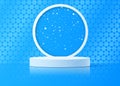 Vector winter round podium on the background of an ornament of snowflakes and a round frame with falling snow.