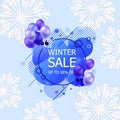 Vector Winter Sale Banner Template, Light Blue Background with Snowflakes, Paper Art Style, 3D Balloons and Talk Bubble. Royalty Free Stock Photo