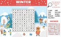 Vector winter season word search puzzle for kids. Simple crossword with Christmas scene and hiding animals for children.