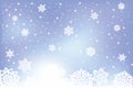 Vector abstract winter soft violet blue background with falling snow and patterned snowflakes. Royalty Free Stock Photo