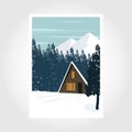 Vector winter themed template with cottage in snowy mountain forest. winter vintage poster illustration design Royalty Free Stock Photo