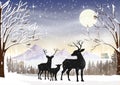 Vector winter wonderland landscape with reindeers family, snow covered house and birds standing on branches tree.Cute Minimal flat