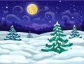 Vector winter wonderland night backdrop with snowy forest, starry sky and full moon. winter landscape. christmas magic Royalty Free Stock Photo