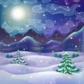 Vector winter wonderland night background with snowfall snowy forest and mountains. mountain landscape. christmas magic