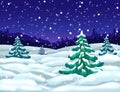 Vector winter wonderland night landscape with snowfall and snowy fir trees. winter snow falling scene. christmas magic Royalty Free Stock Photo