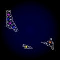 Vector Wire Frame Mesh Map of Comoros Islands with Glowing Spots for New Year Royalty Free Stock Photo
