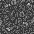 Vector witch bottles seamless pattern. Gray outline of potions, elixirs, vials of different shapes and cauldrons