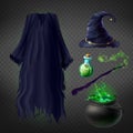 Vector witch costume, set of magic accessories