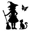 Black silhouette of a witch with a broom and a cat Royalty Free Stock Photo