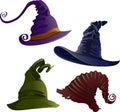 Vector witch hats in different colours isolated on white background