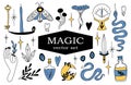 Vector witch mystical magic design elements set. Witchcraft hand drawn doodle boho collection with celestial crystal