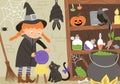 Vector witch nook interior illustration. Halloween background with black cat, bat, spider. Spooky scene with scary animals, potion